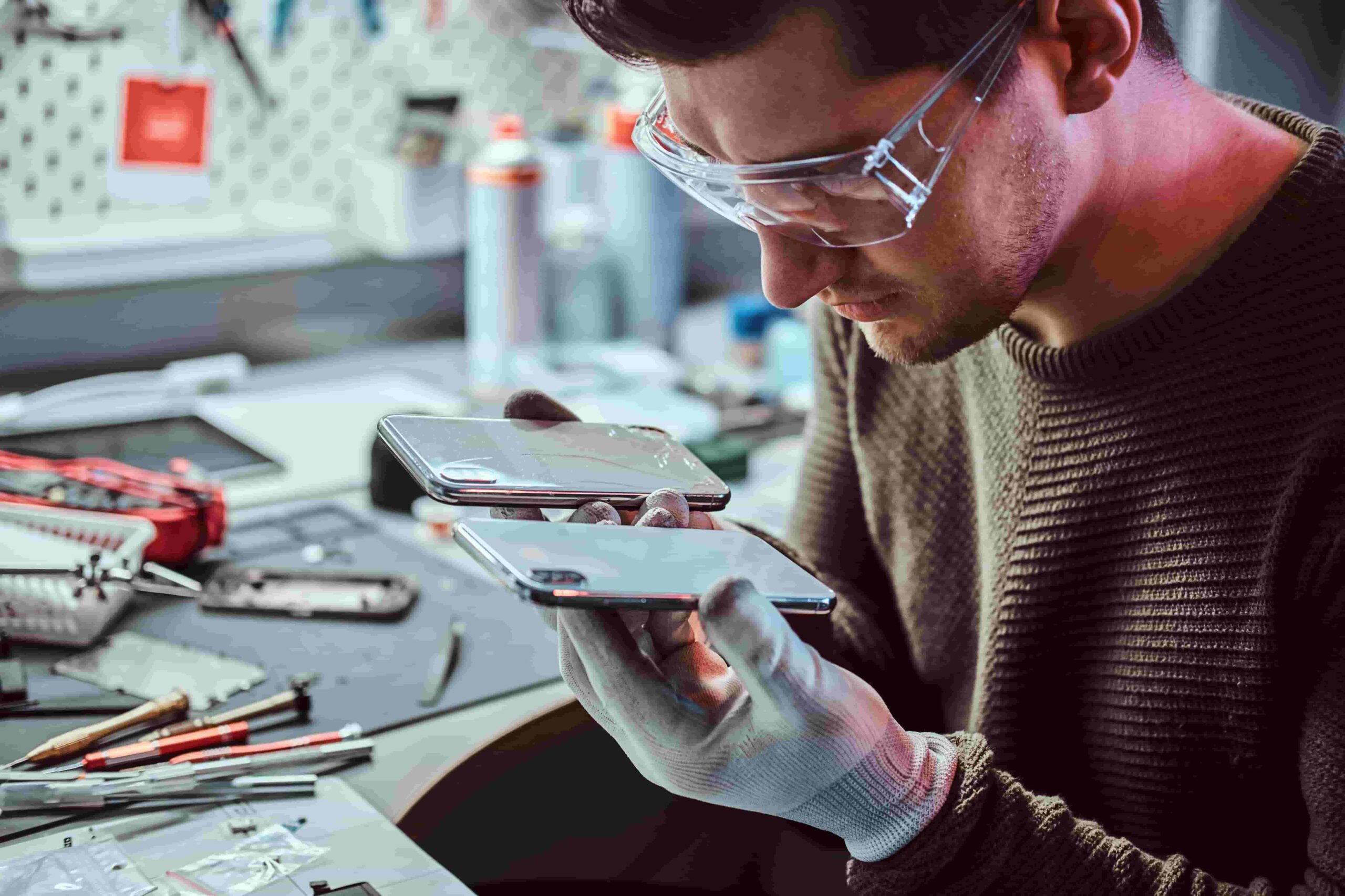 iPhone being prepared for repair at service center